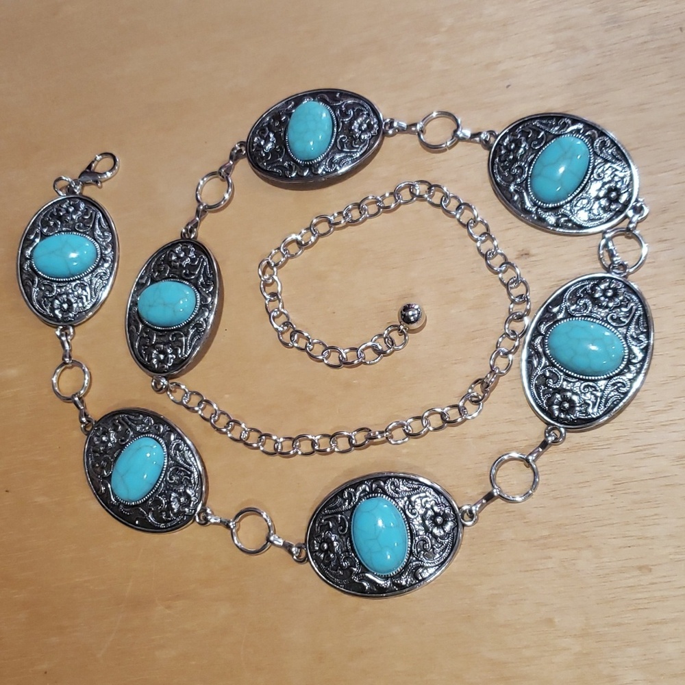 Vintage Bohemian Turquoise style Concho Chain Belt nwot